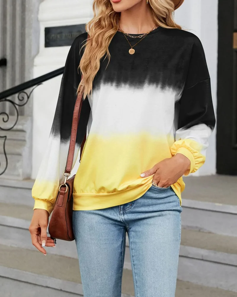 Outerwear Ombre Contrast Color Printed Long Sleeve Sweatshirt