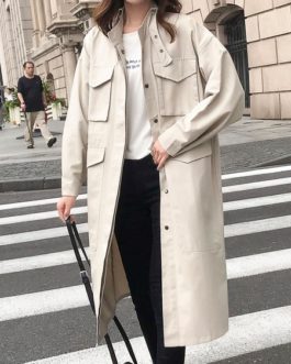 Oversized Trench Coat Turndown Collar Overcoat With Pockets