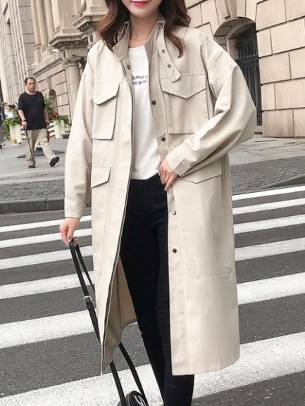 Oversized Trench Coat Turndown Collar Overcoat With Pockets - Power Day ...