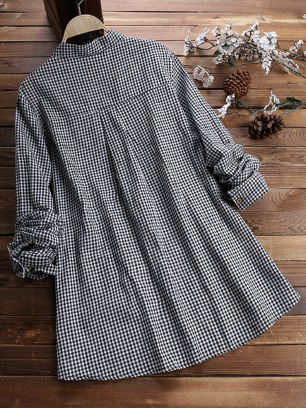 Plaid Long Sleeve Button Irregular Vintage Plus Size Shirt - Power Day Sale
