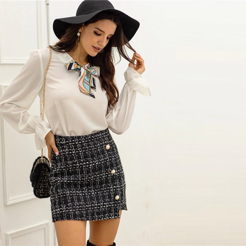 Plaid Tweed Pearls Button Streetwear Ladies Casual Mini Skirts - Power ...