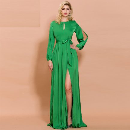Sexy O Neck Long Sleeve High Split Solid Color Elegant Maxi Dress ...