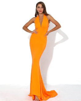 Sexy V Neck Off Shoulder Backless Solid Color Elegant Maxi Dress