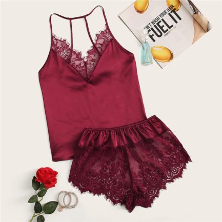 Lace Trim Satin Cami Top and Shorts Pj Set - Power Day Sale