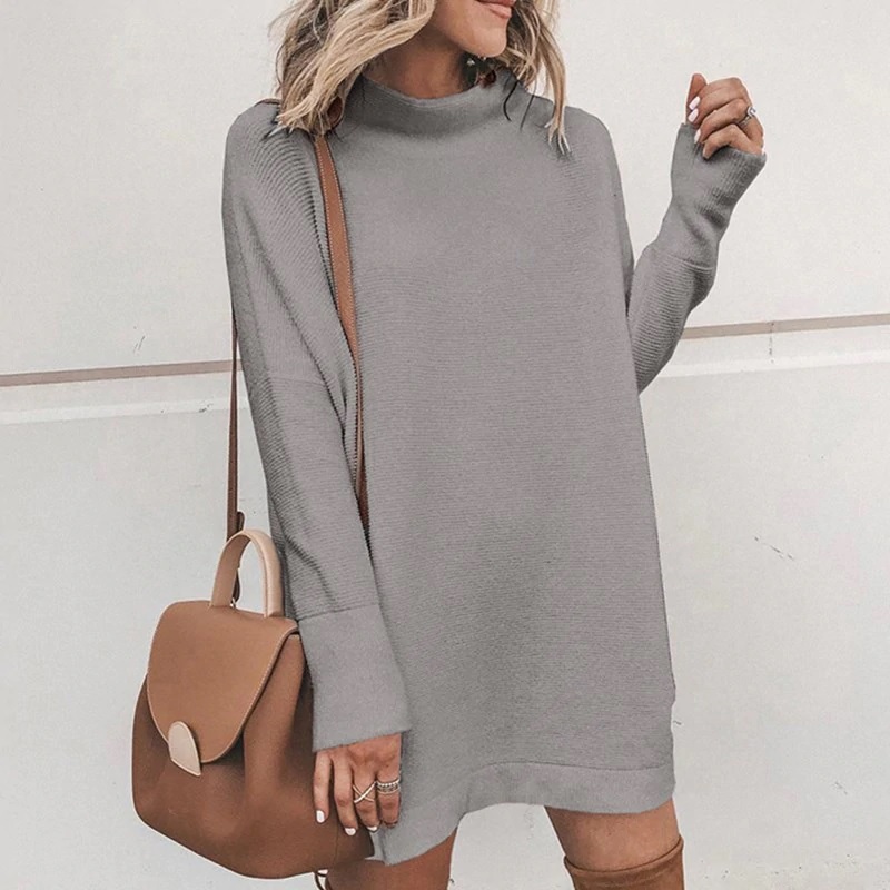 Solid Color Fashion Long Sleeve O Neck Mini Dress - Power Day Sale