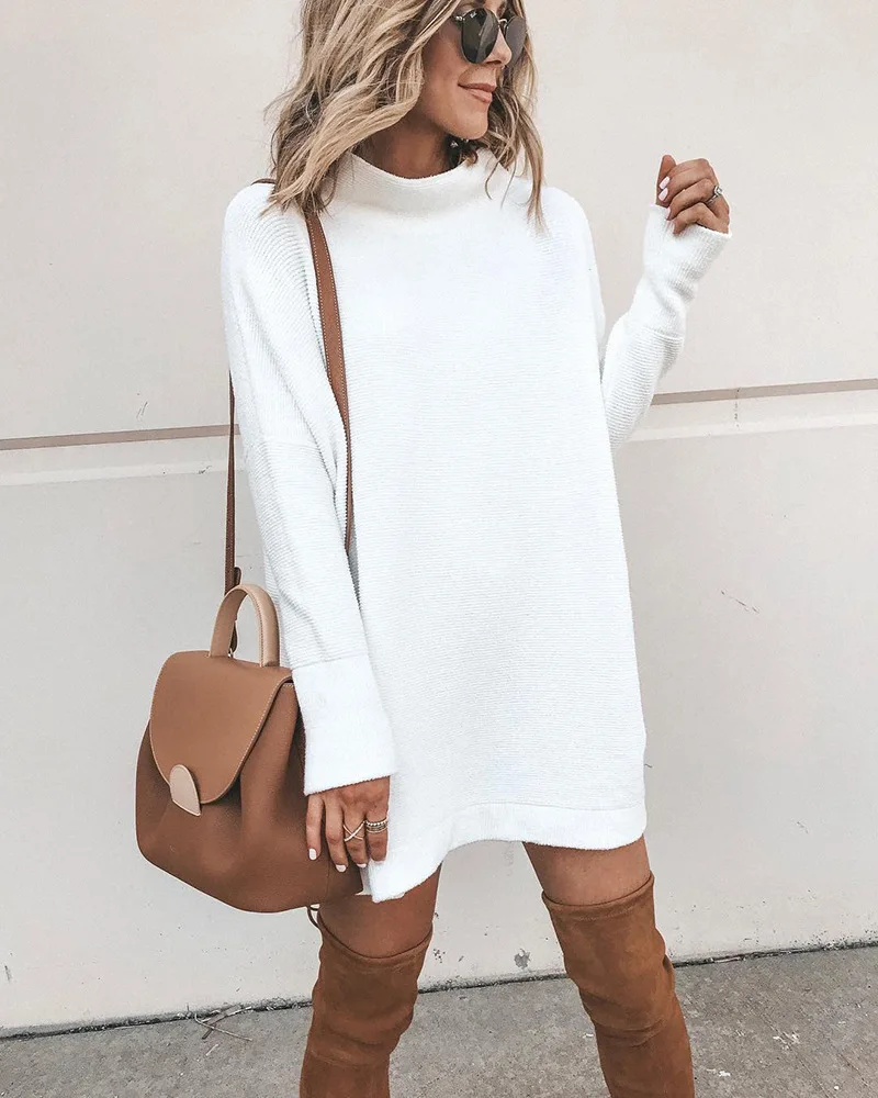 Solid Color Fashion Long Sleeve O Neck Mini Dress