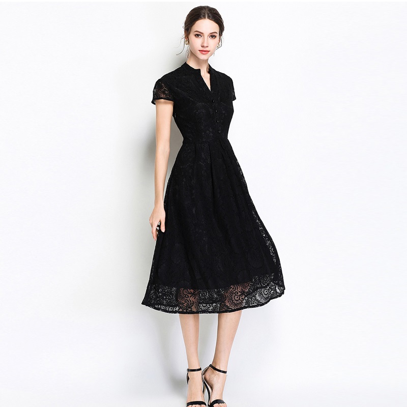 Vintage Lace Short Sleeve Stand Neck Button Party Dress - Power Day Sale