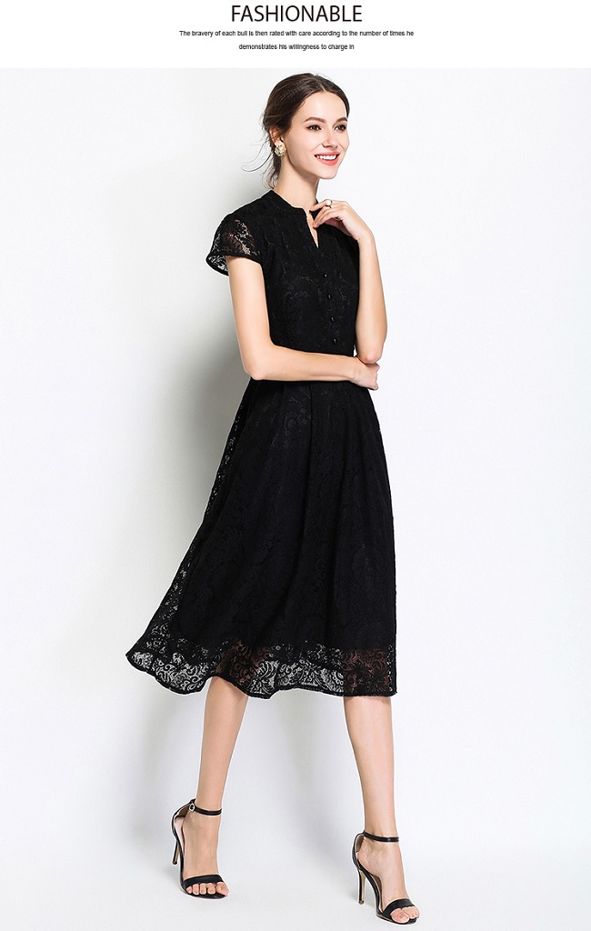 Vintage Lace Short Sleeve Stand Neck Button Party Dress - Power Day Sale