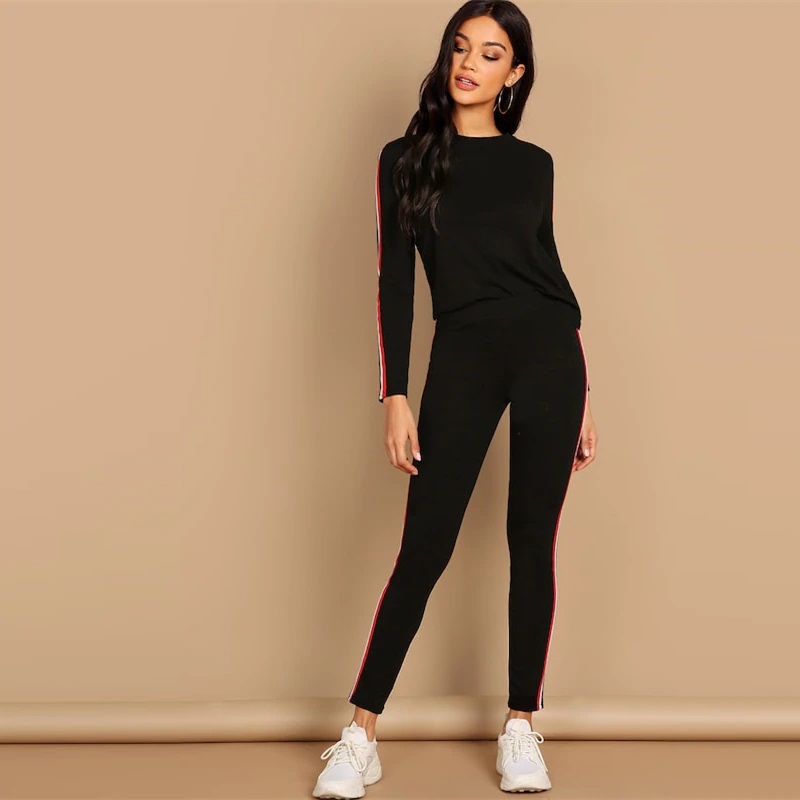 Black Striped Pants Long Sleeve Round Neck Two piece Set - Power Day Sale