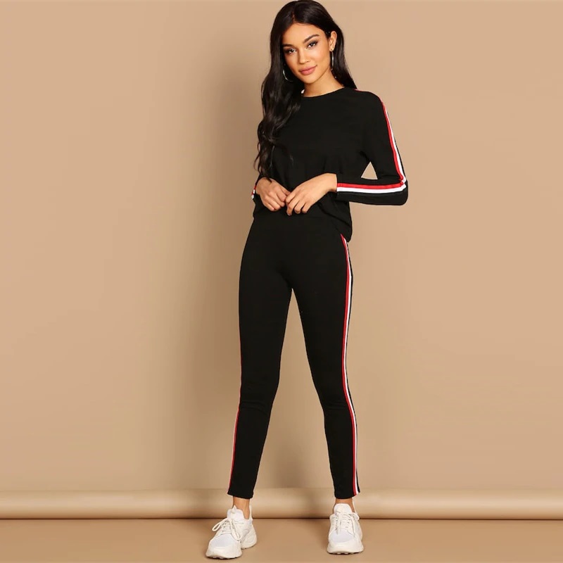 Black Striped Pants Long Sleeve Round Neck Two piece Set - Power Day Sale