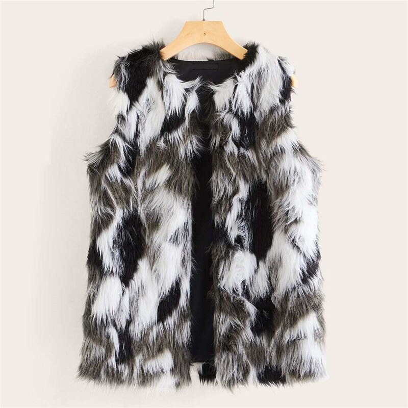 Colorblock Faux Fur Sleeveless Glamorous Jackets - Power Day Sale