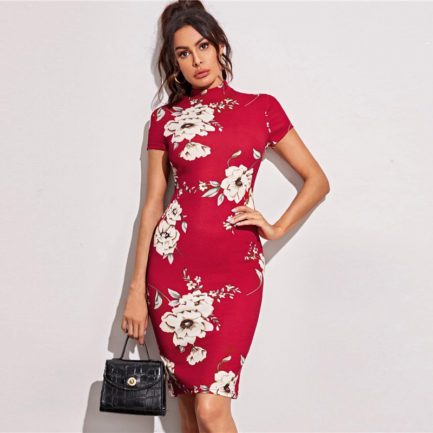 Elegant Mock-Neck Floral Print Bodycon Dresses - Power Day Sale