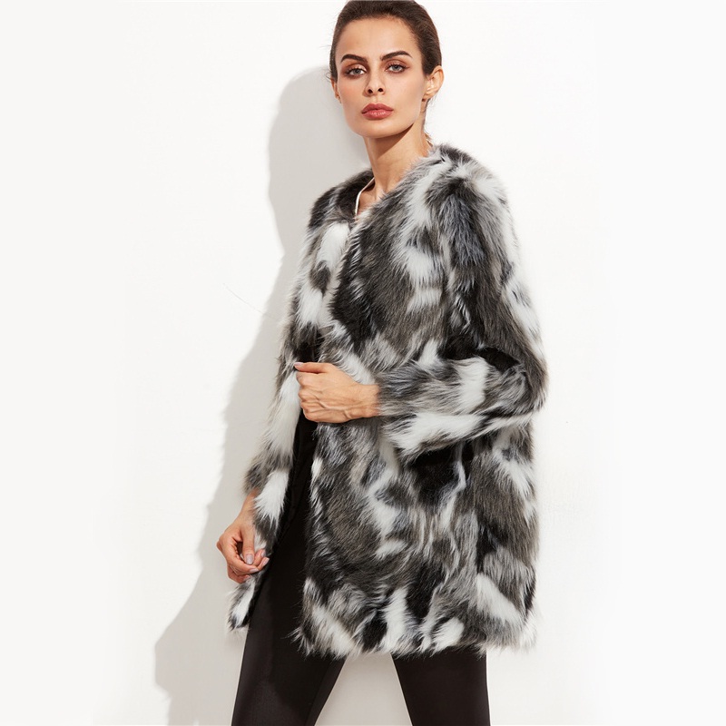 Faux Fur Color Block Open Front Fashion Long Sleeve Fuzzy Coat - Power ...