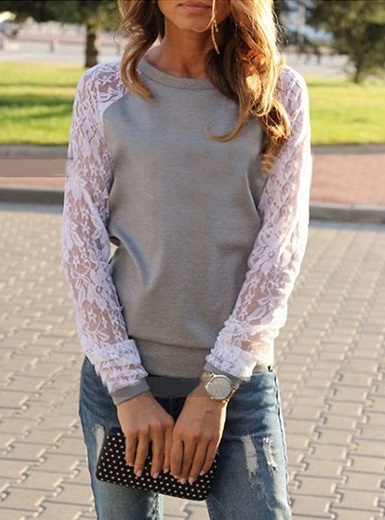 Feminine Lace Sleeves Sweatshirt - Power Day Sale