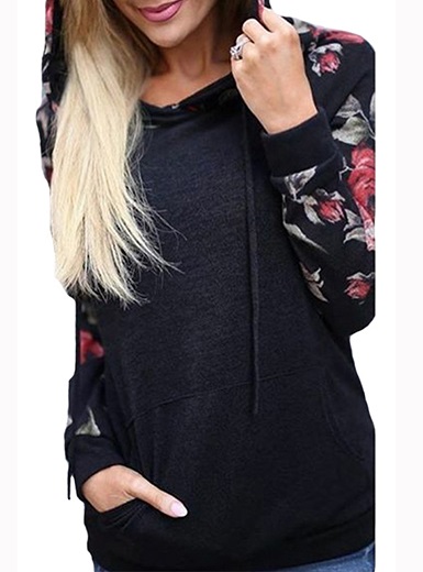 Floral Printed Sleeves Hooded Pullover