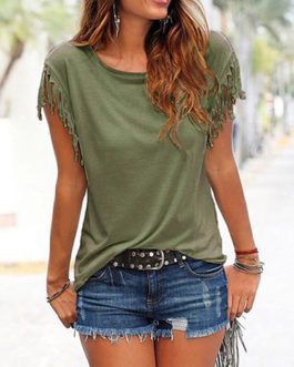 Fringed Short Sleeves Casual Top