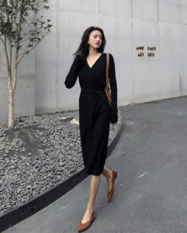 Lace Up V-Neck Single Breated Sashes Casual Straight Sweater Dress