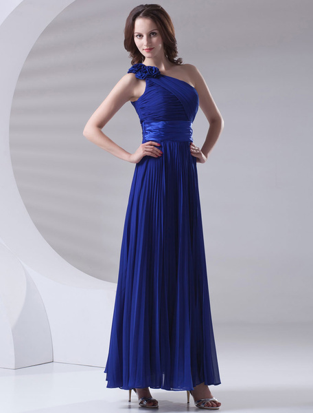 Maxi One-shoulder Ankle-length Pleated Chiffon Wedding Party Bridesmaid ...