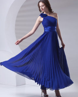 Maxi One-shoulder Ankle-length Pleated Chiffon Wedding Party Bridesmaid Dress