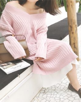 Mid-Calf Knitting V-Neck Korean Style Straight Sweater Dress