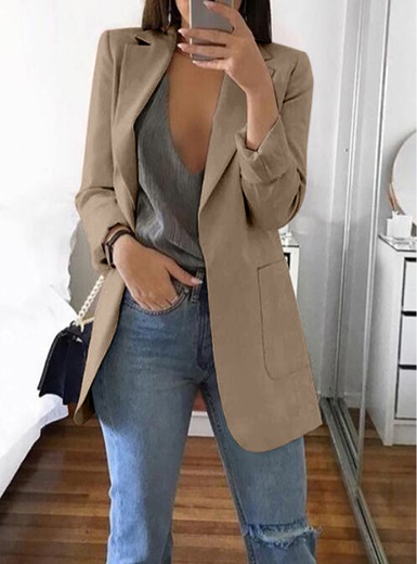 Notched Collar Flattering Long Length Casual Blazer - Power Day Sale