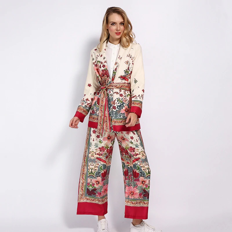 Notched Collar Floral Blazer Pajama Pants 2 Pcs - Power Day Sale
