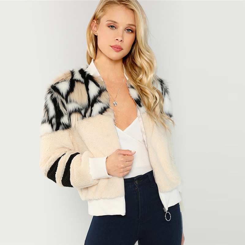 O-Ring Zip Up Stand Collar Faux Fur Glamorous Warm Coat - Power Day Sale