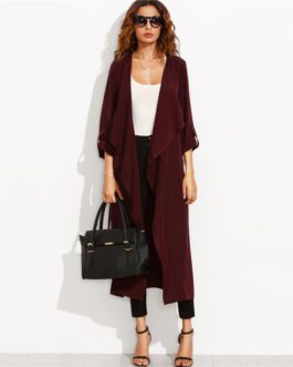Office Lady Rolled Up Split Back Self Tie Long Trench Coat