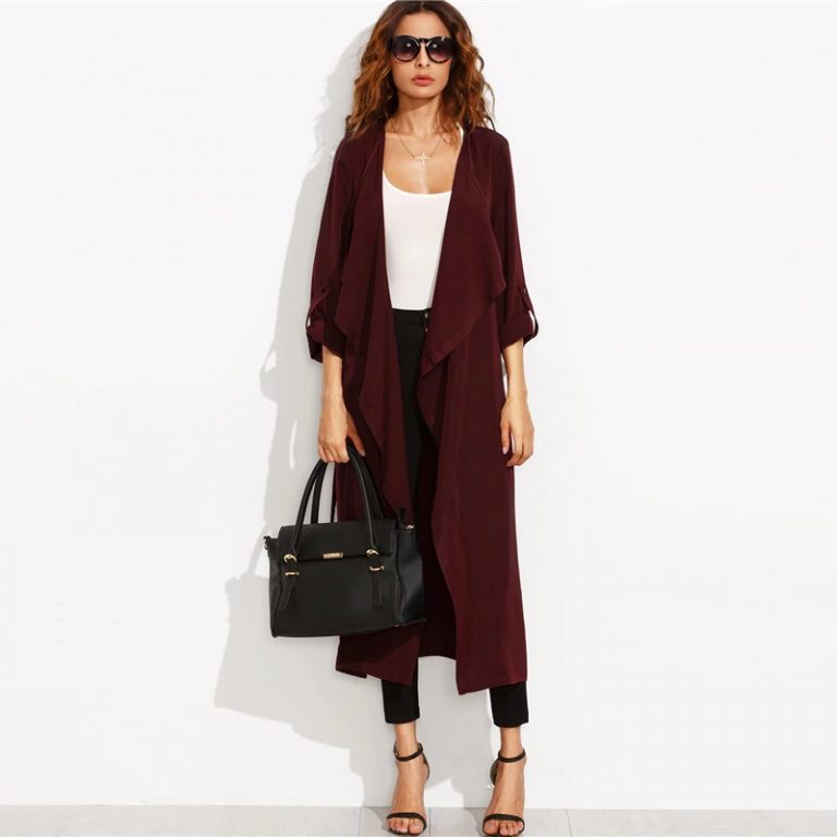 Office Lady Rolled Up Split Back Self Tie Long Trench Coat - Power Day Sale