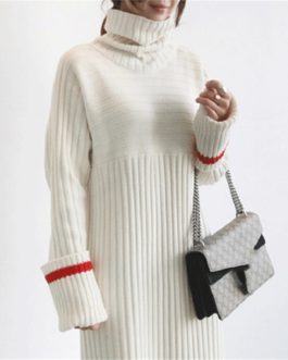 Patchwork Turtleneck Straight Knitting Warm Office Ladies Sweater Dress