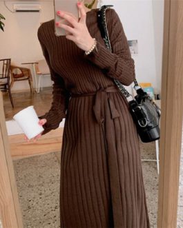 Sashes Bow Solid Straight Warm Casual Office Ladies Sweater Dress