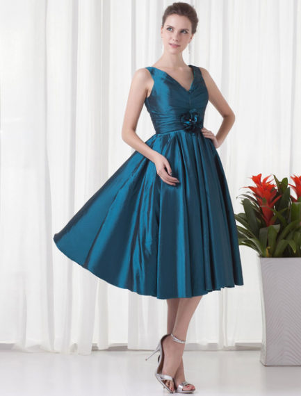 Taffeta A Line Party Knee Length V Neck Cocktail Bridesmaid Dress With ...