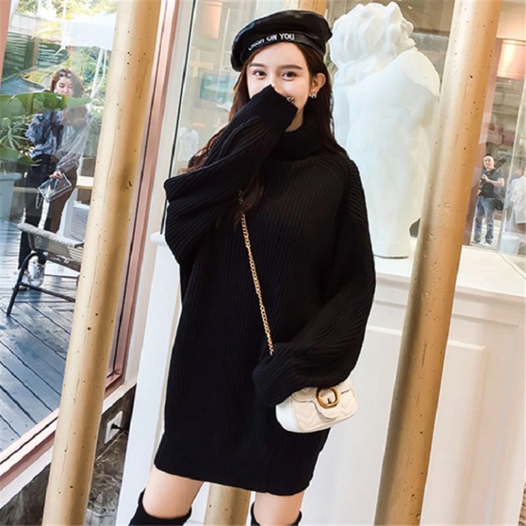 Turtleneck Minimalist Korean Style Loose Knitting Sweaters Dresses ...