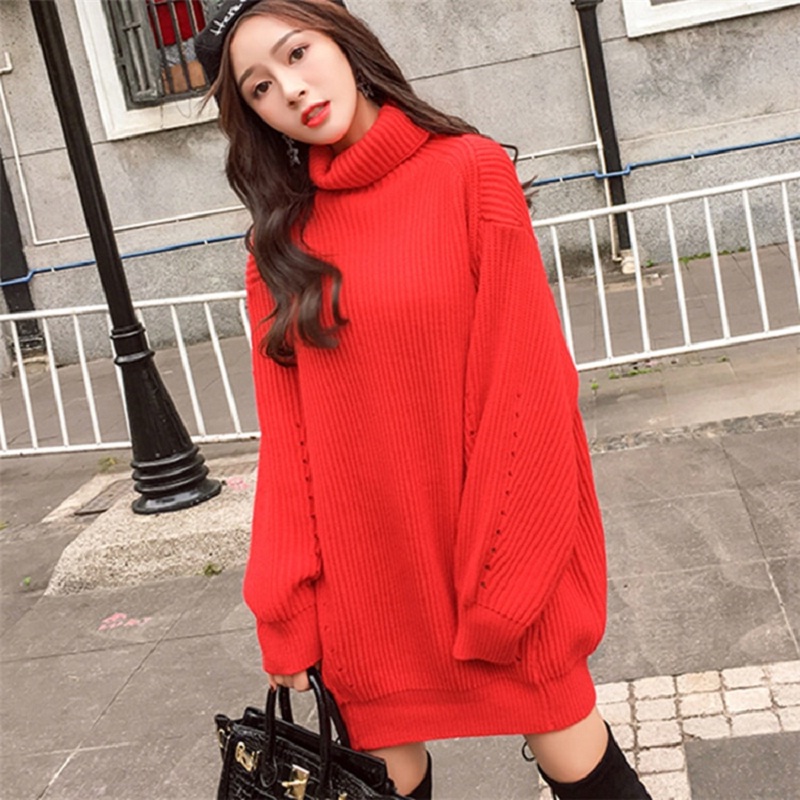 Turtleneck Minimalist Korean Style Loose Knitting Sweaters Dresses ...