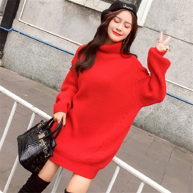 Turtleneck Minimalist Korean Style Loose Knitting Sweaters Dresses ...