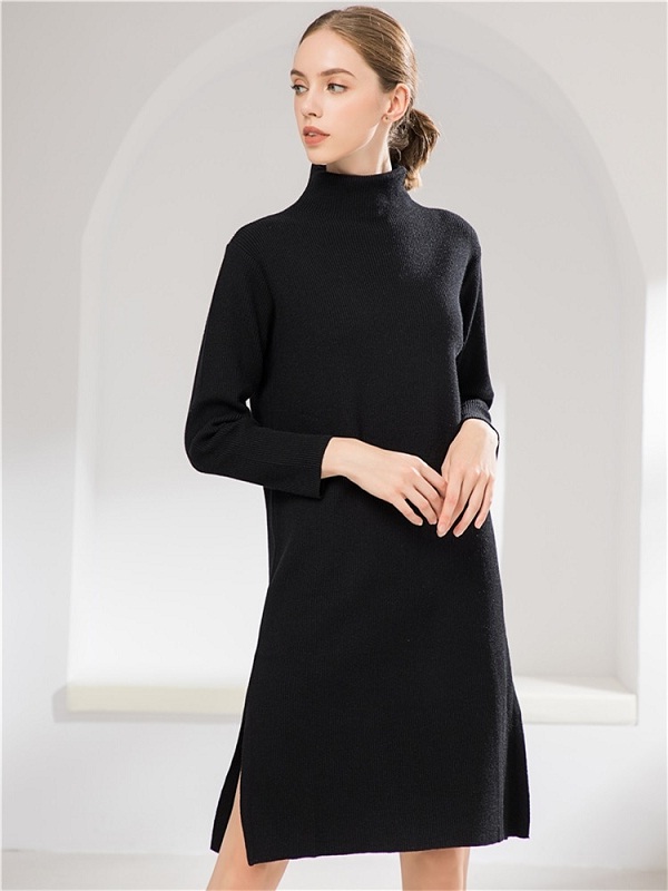 Turtleneck Slit Casual Straight Knitting Sweater Dresses - Power Day Sale