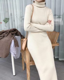 Turtleneck Split Knitted Thicken Straight Casual Sweater Dress