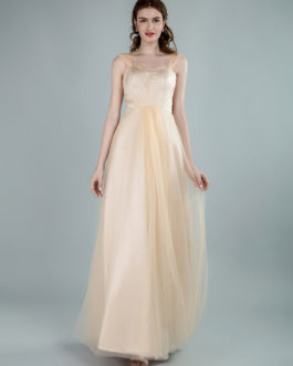 A Line Strapless Floor Length Zipper Tulle Formal Gowns Bridesmaid Dress