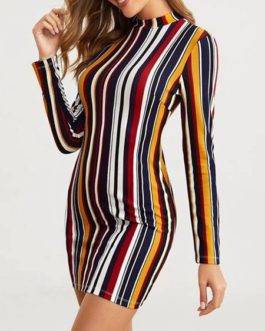 Bodycon Dresses Stripes High Collar Long Sleeves Pencil Dress
