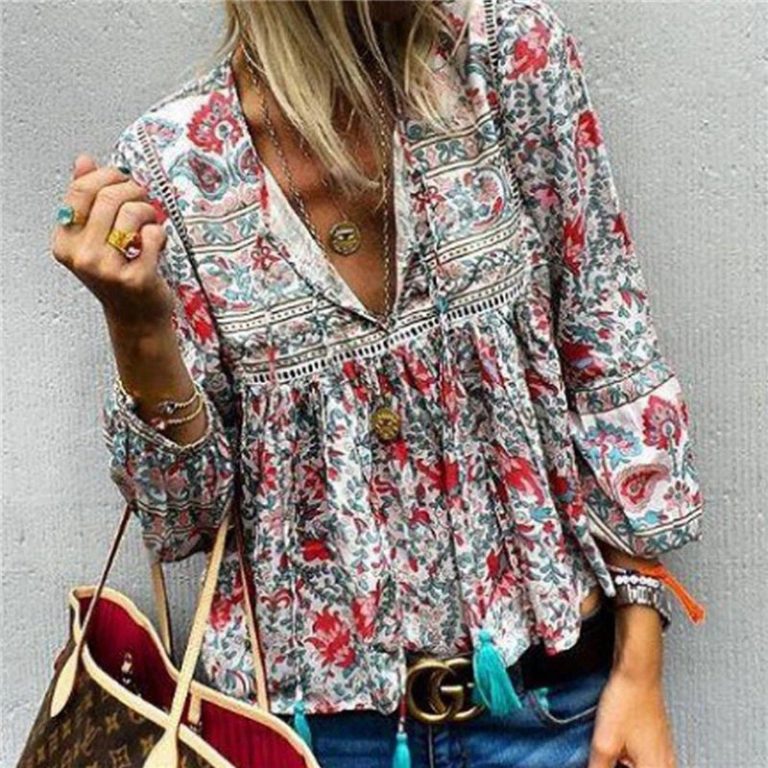 Bohemian V-neck Floral Print Lantern Sleeve Lace Patchwork Blouses ...