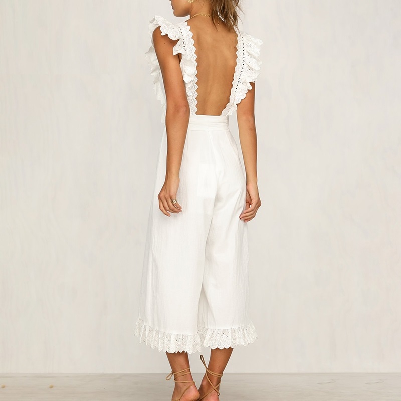 Elegant Embroidery Linen Hollow Out Sashes Long Jumpsuit - Power Day Sale
