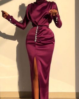 Elegant High Split Satin Silk Buttoned Party Maxi Dress