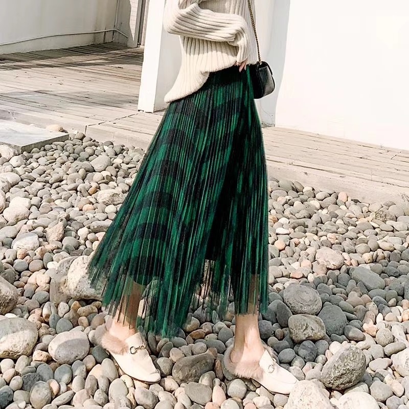Elegant Plaid Pleated A Line Maxi Skirt - Power Day Sale