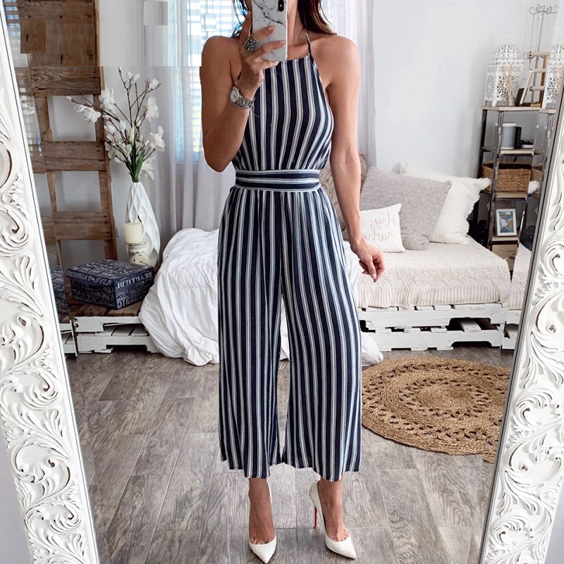 Elegant Striped Backless Lace Up Bohemian Jumpsuit - Power Day Sale