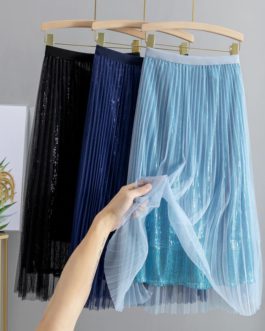 High Waist Pleated Sequined Fashion Skirt