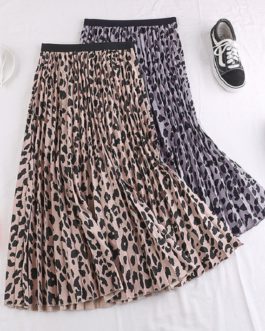 Leopard Pleated A Line Long Skirt