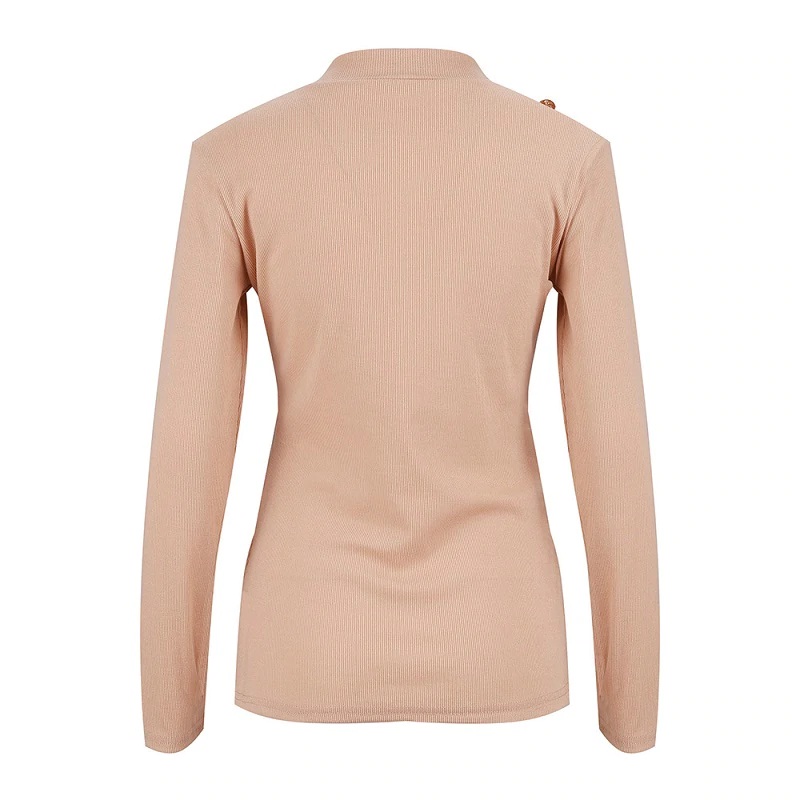 O-Neck Metal Buttons Long Sleeve Solid Ribbed Knitted Blouse - Power ...