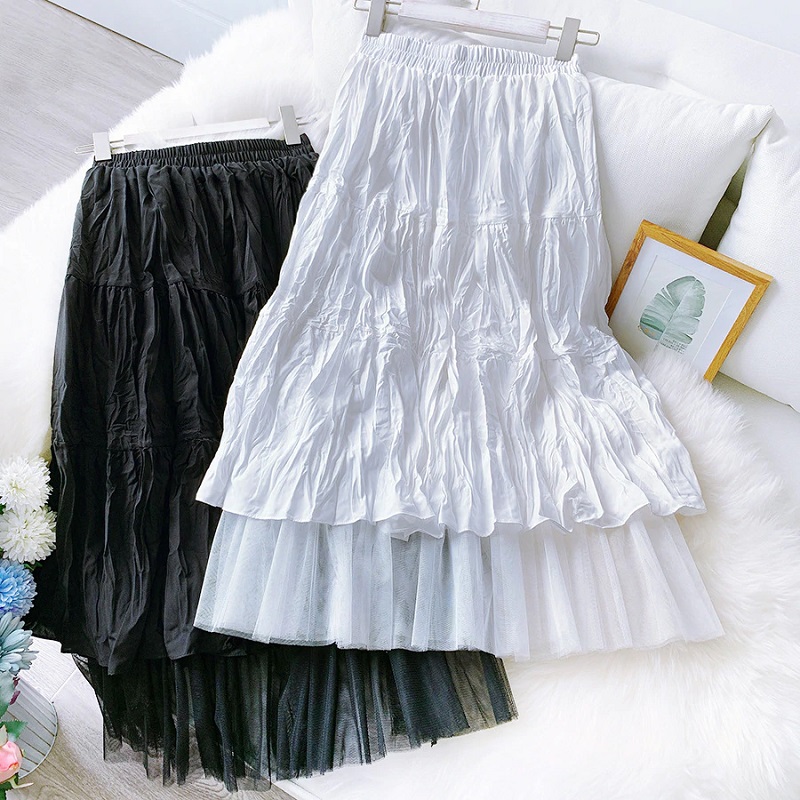 Pleated Mesh Stiching Casual Skirt