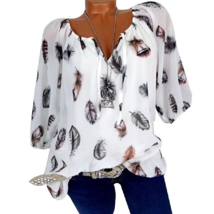 Plus Size Printed Casual V-Neck Chiffon Blouse - Power Day Sale