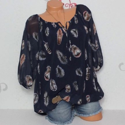 Plus Size Printed Casual V-Neck Chiffon Blouse - Power Day Sale